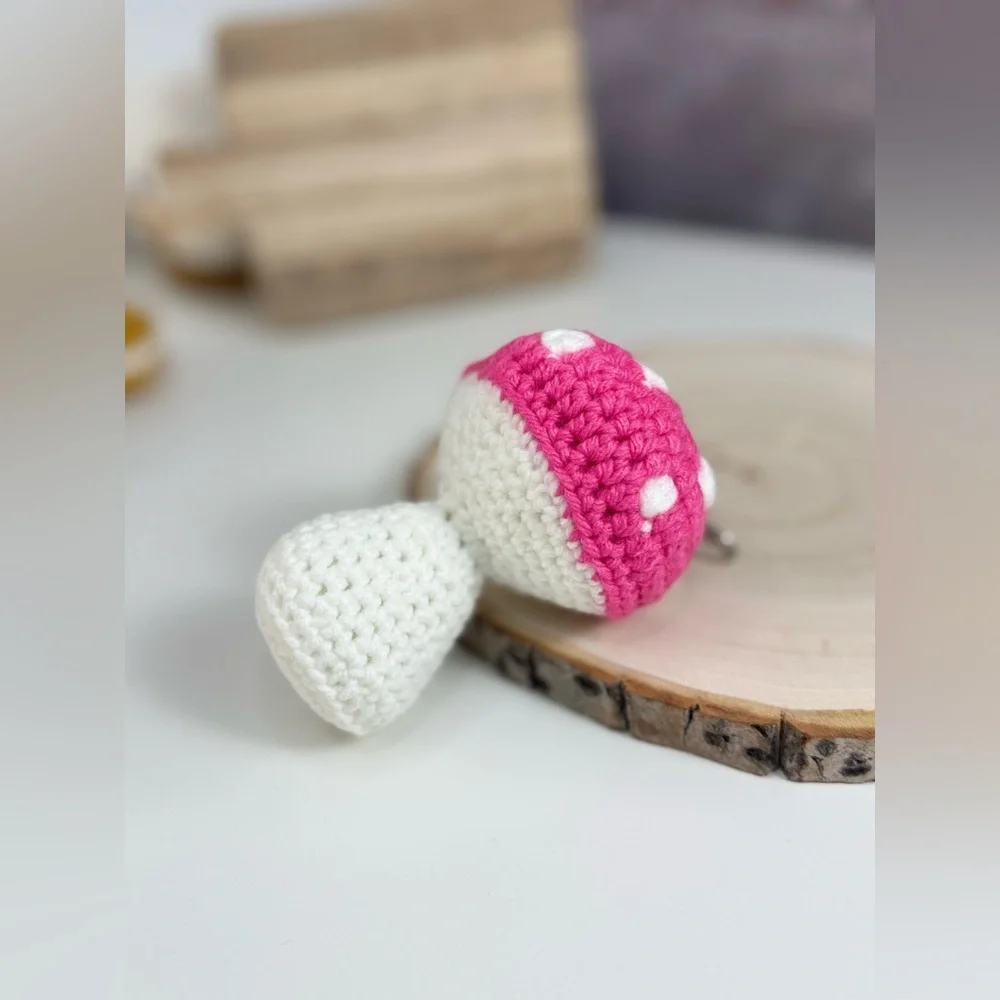 Handcrafted Mushroom Pink and White Crochet Keychain